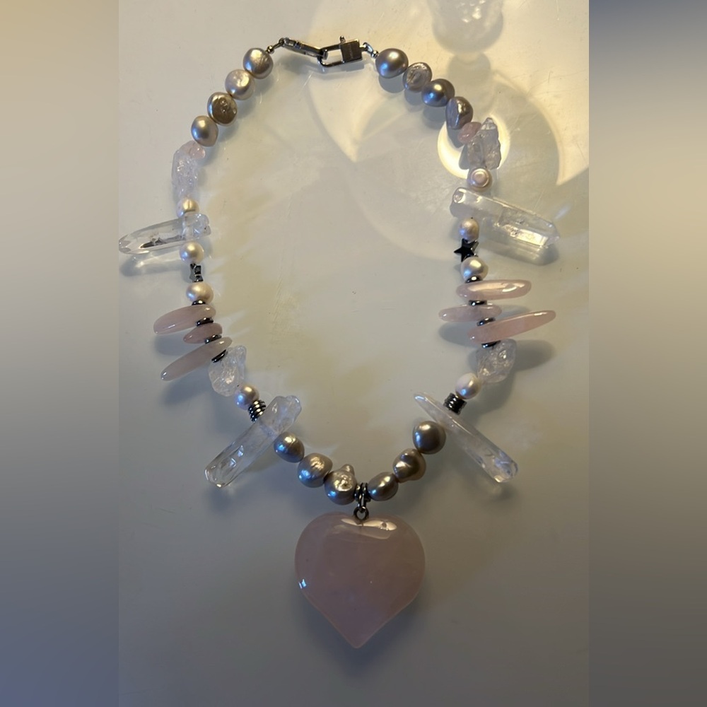 Rare Elegant Rose Quartz, Hematite and Clear Quartz Stone Crystal Necklace